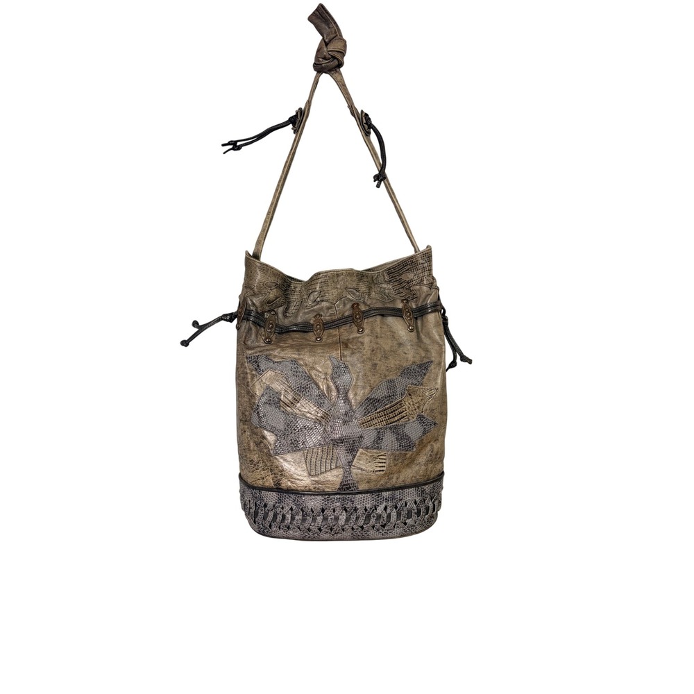 Vintage 80s Bird Patchwork Leather Bucket Bag Metallic Brown Western Boho Purse